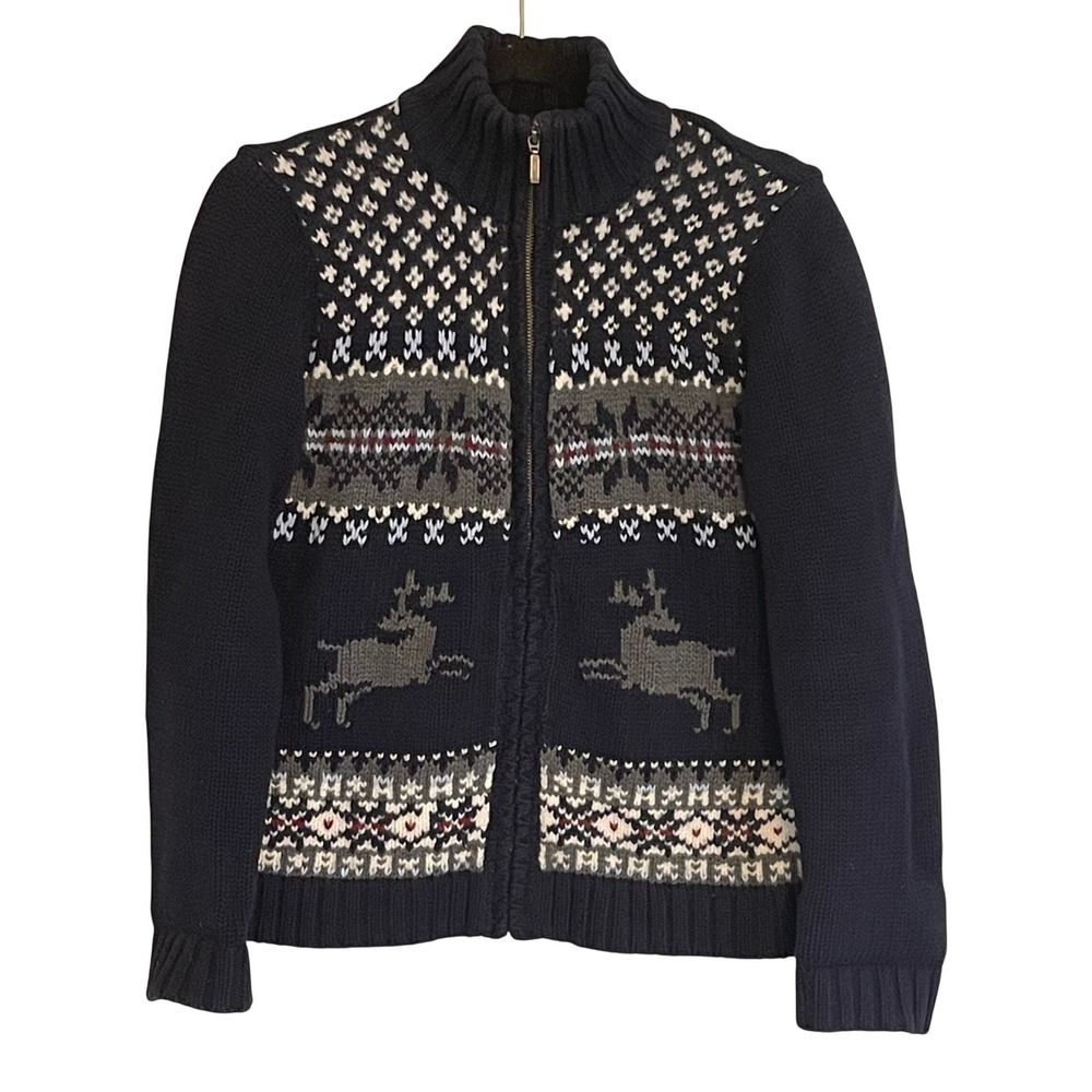 Eddie Bauer Navy Blue Fair Isle Reindeer Full Zip‎ Cardigan Sweater Womens Small